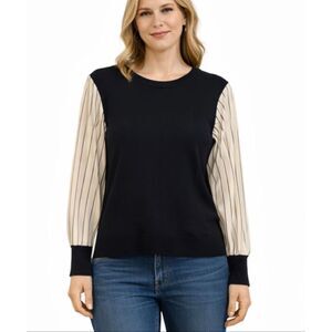 DKNY navy striped sleeve mixed media sweater blouse M